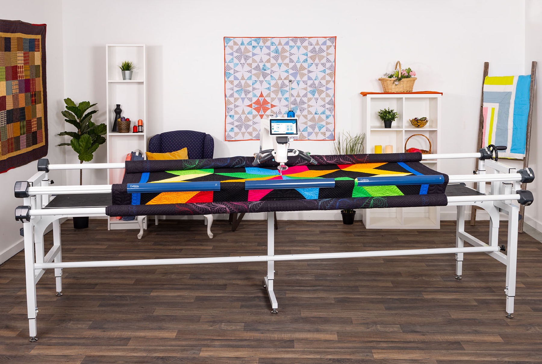Grace Quilter's Evolution Elite frame set up in a quilting studio